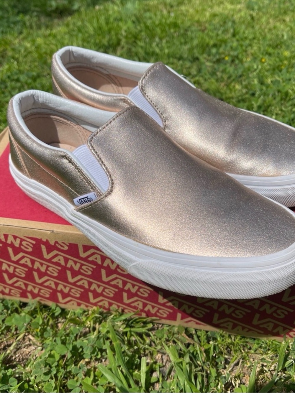 Vans Slip-On Sneakers in Metallic Rose Gold and White